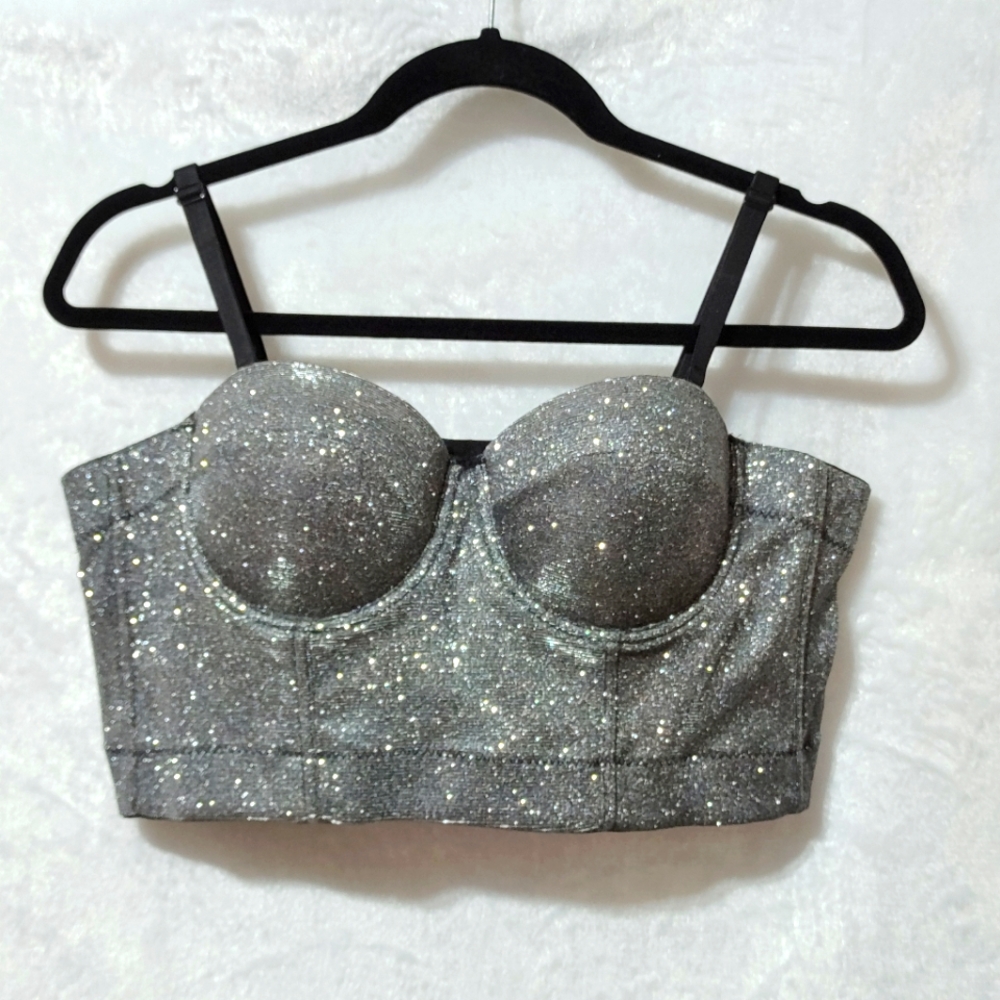 The Sang Bustier Corset Large Silver Glitter Concert Festival Party Adjustable